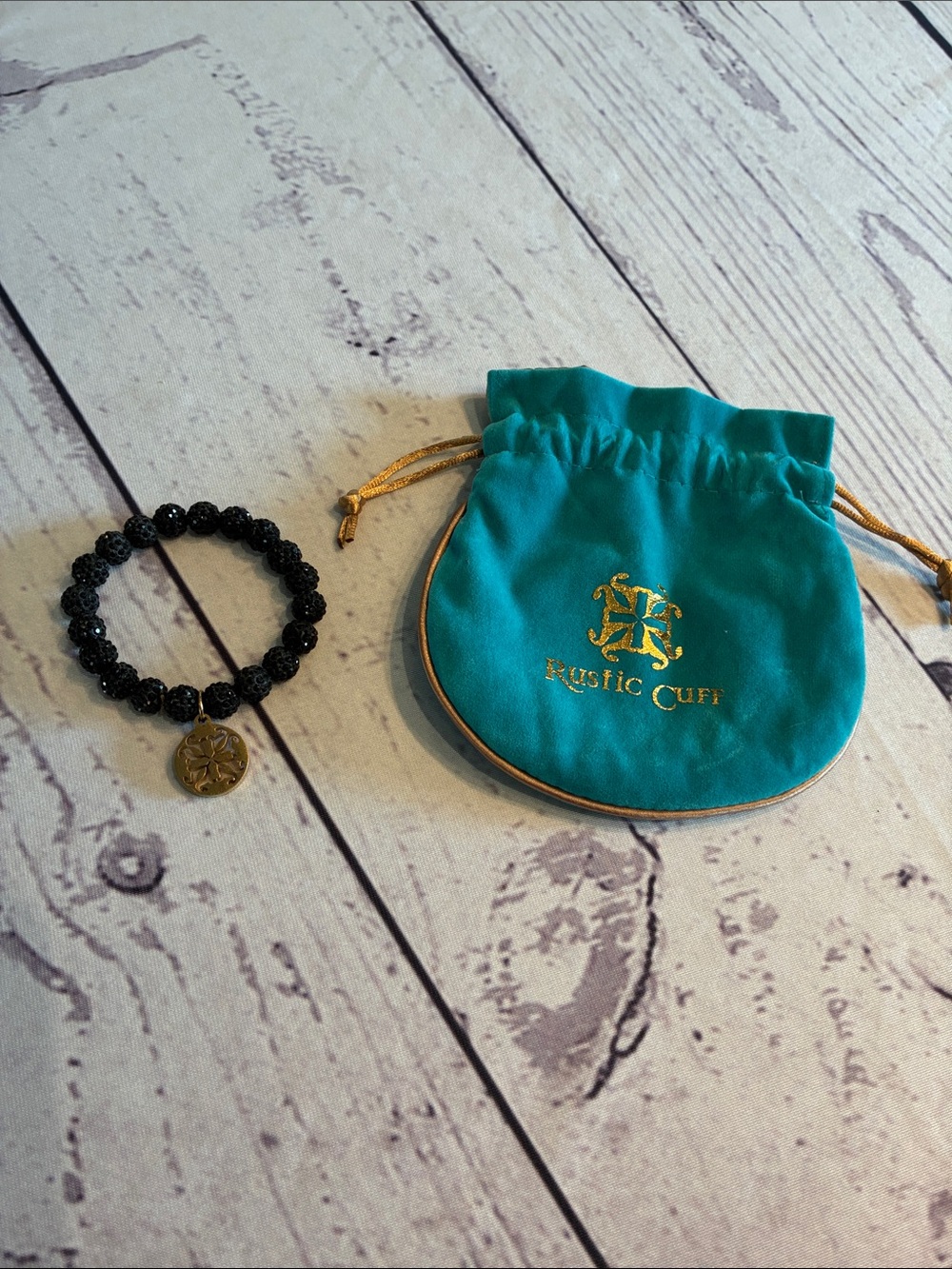 🎉NEW LISTING!🎉Rustic Cuff Black Beaded Stretch Bracelet with Gold Charm